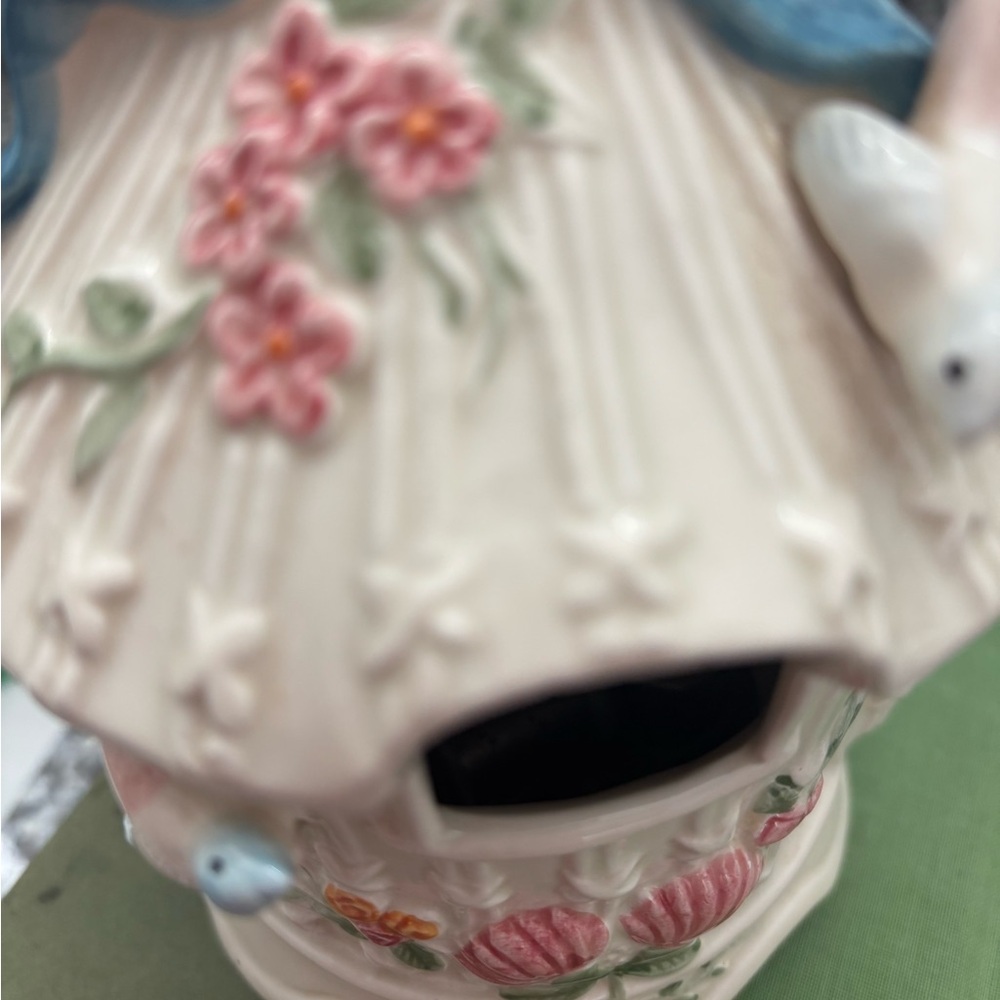 Vintage Bird Ceramic Music box Birdhouse Pink Blue Accents Final Sale